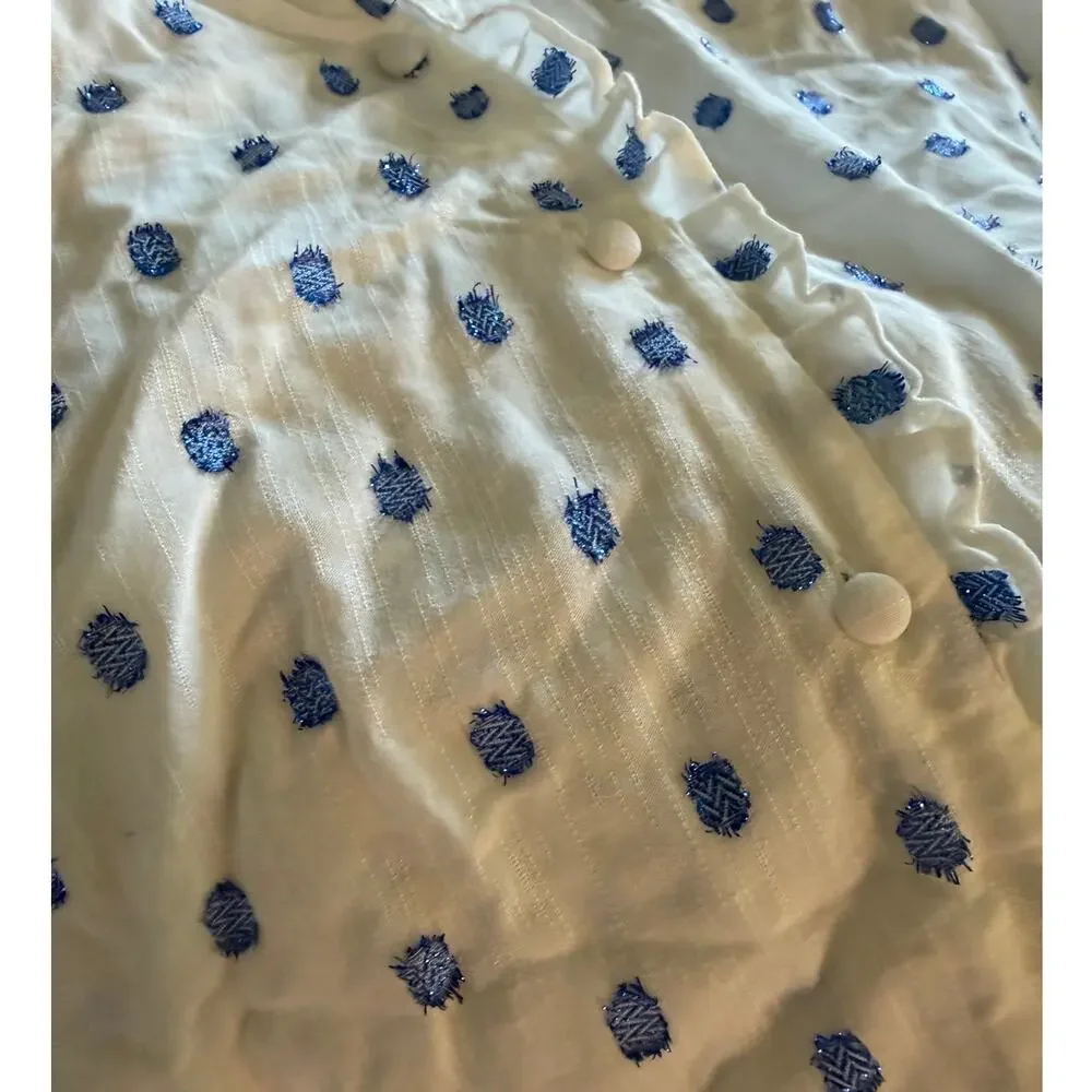 Zara Blue Embroidered Dot Ruffle Blouse – Women’s XS